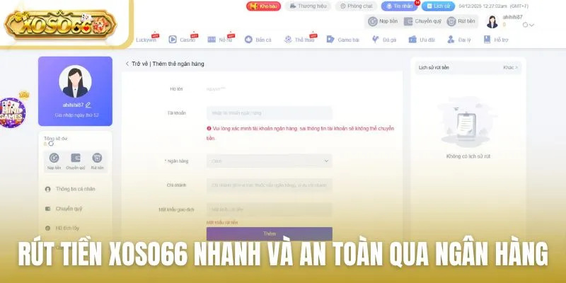 Rút tiền Xoso66 nhanh chóng và an toàn qua ngân hàng