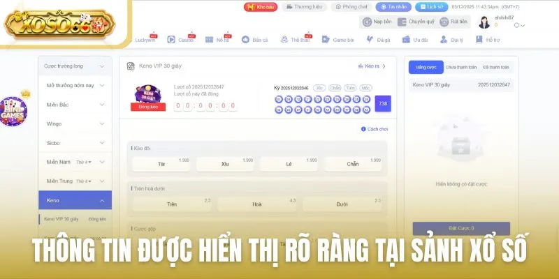 Thông tin được hiển thị rõ ràng tại sảnh xổ số nhà cái